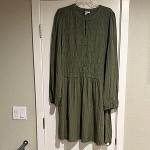 Olive Green Long Sleeve Smocked Women's Dress